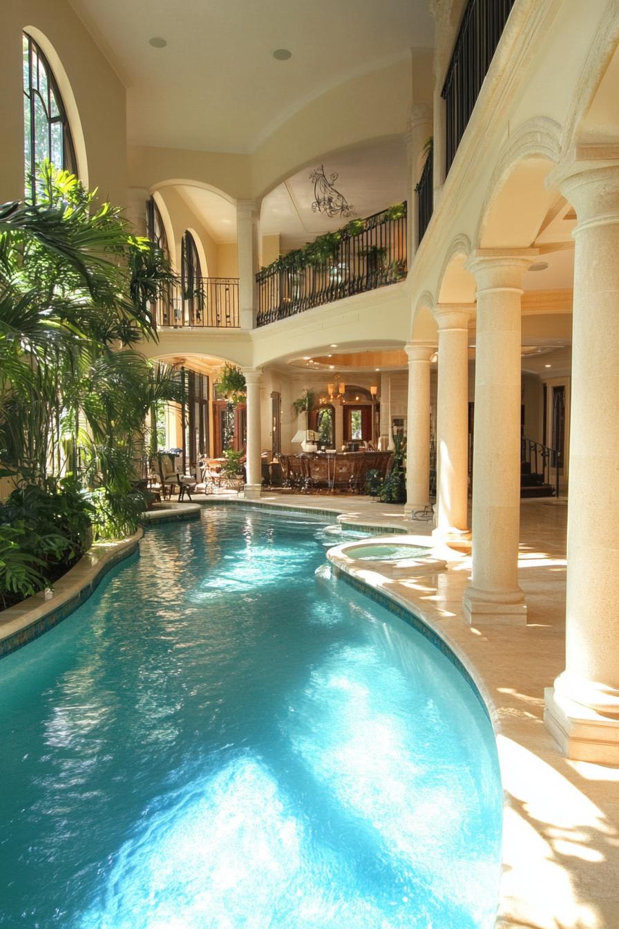 luxury mansion with large pool spanning outdoor and indoor