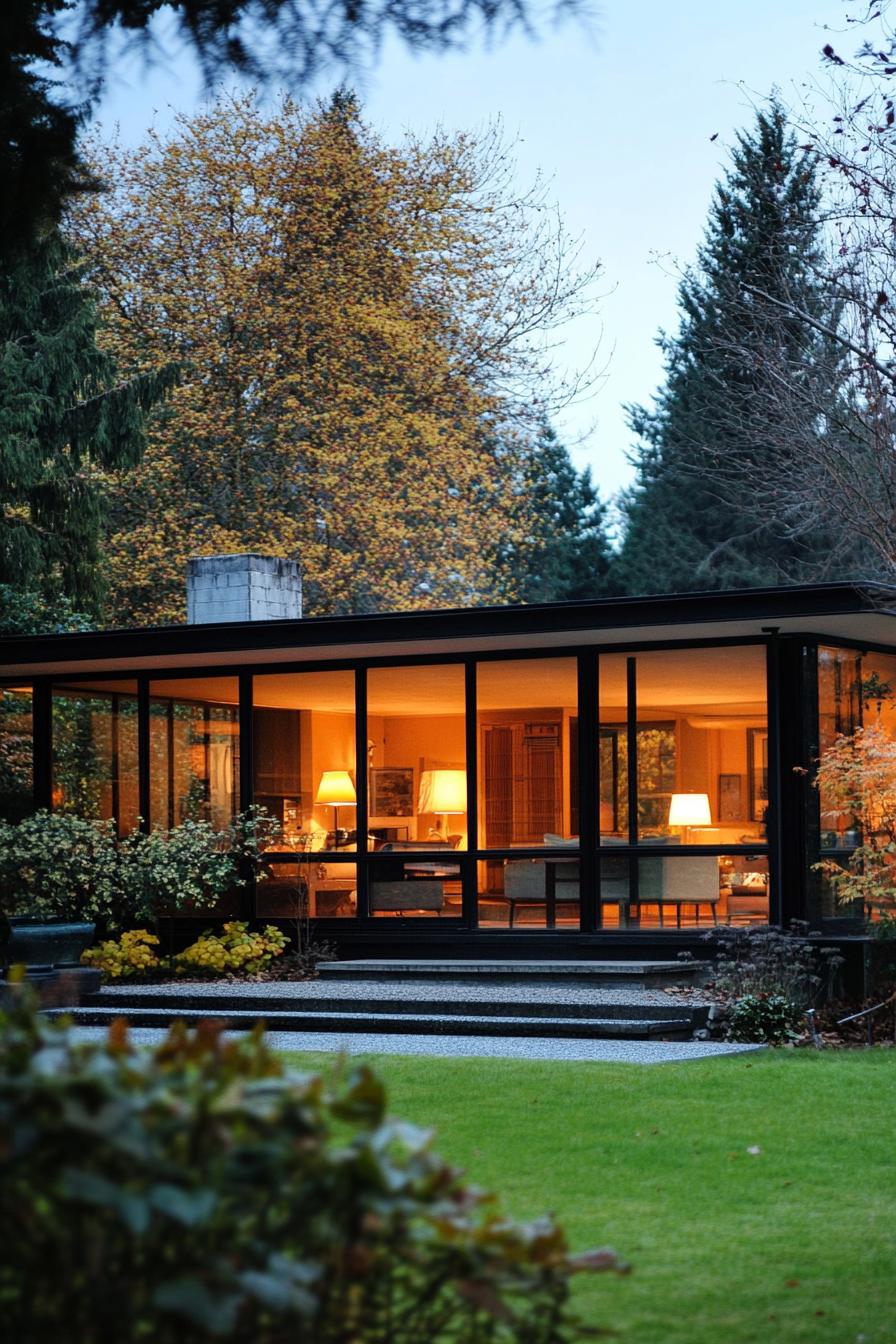 mid century modern 1950s style house with large glass windows 2