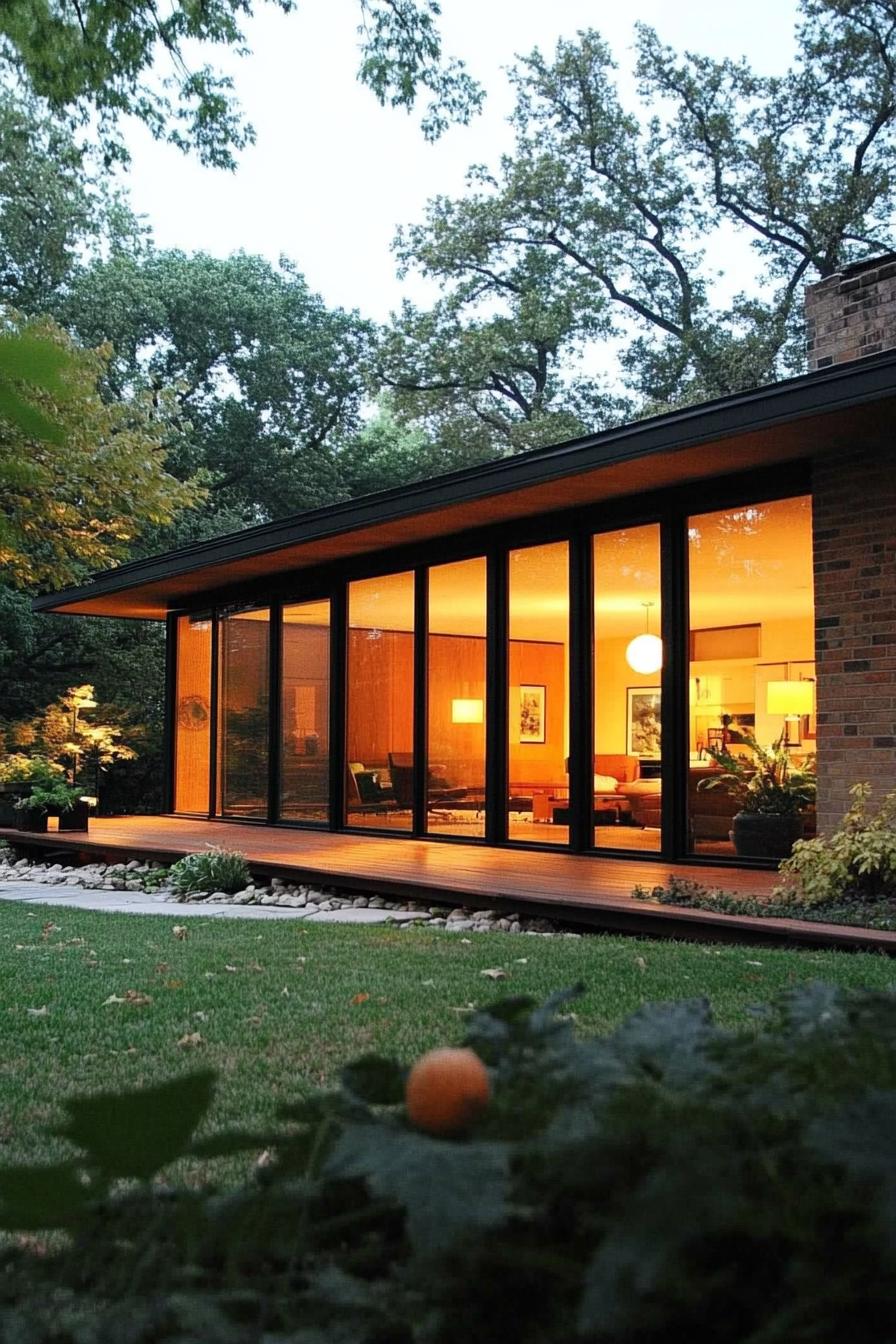 mid century modern 1950s style house with large glass windows 3