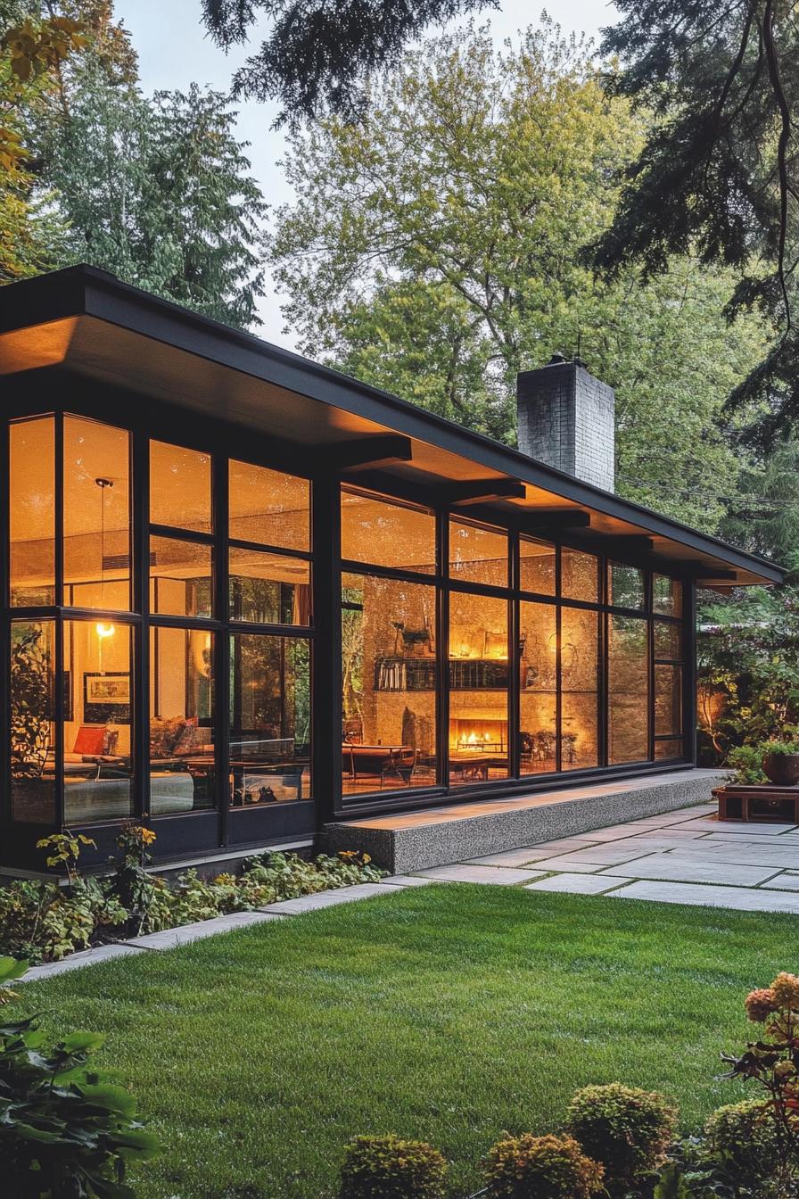 mid century modern 1950s style house with large glass windows