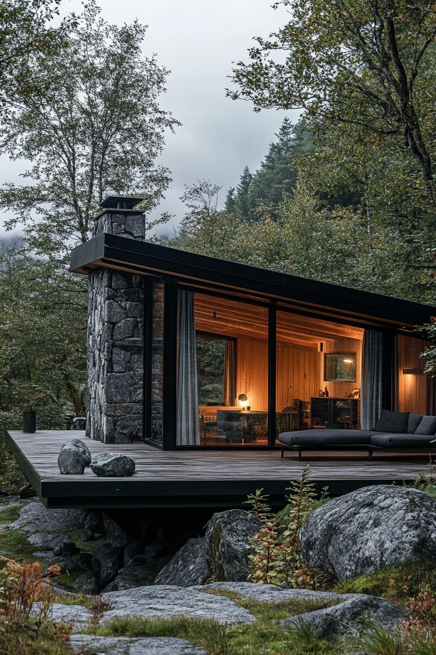 mid century modern cabin with wood and stone cladding stunning Scandinavian mountain landscape 1