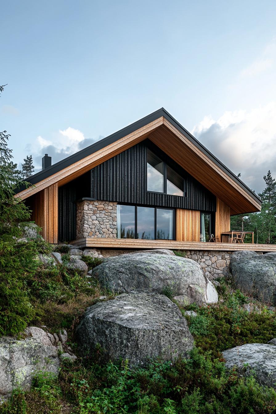 mid century modern cabin with wood and stone cladding stunning Scandinavian mountain landscape 2