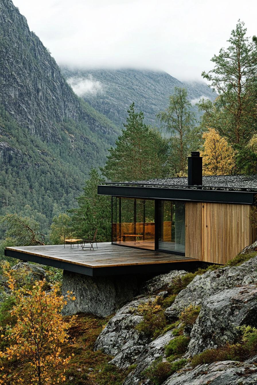 mid century modern cabin with wood and stone cladding stunning Scandinavian mountain landscape 3