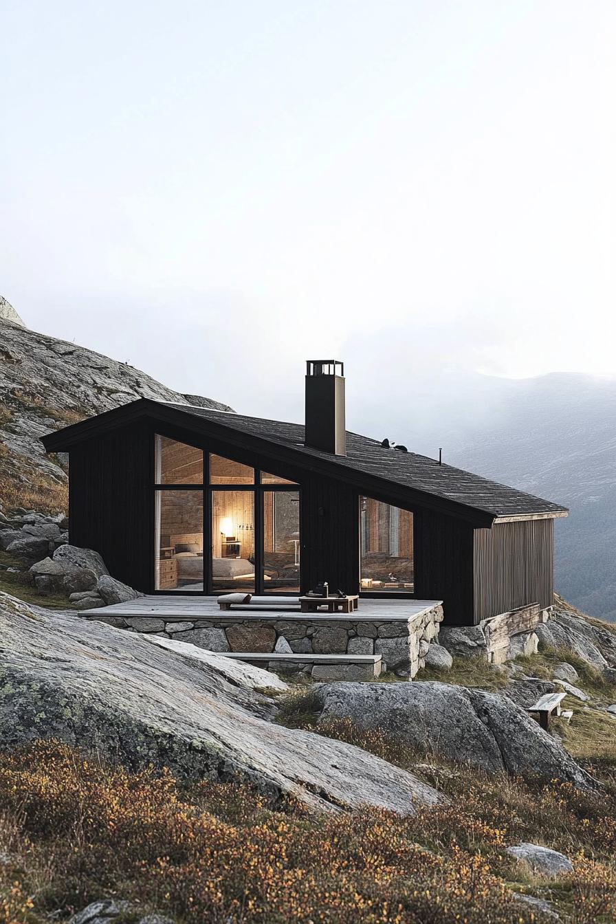 mid century modern cabin with wood and stone cladding stunning Scandinavian mountain landscape