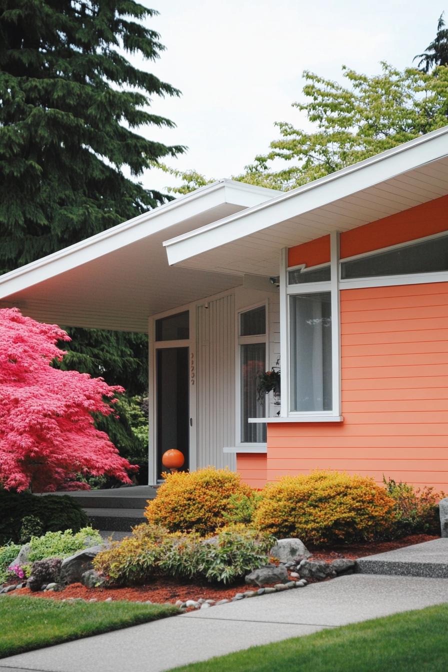 mid century modern house facade in aque and coral colors in white trim 1