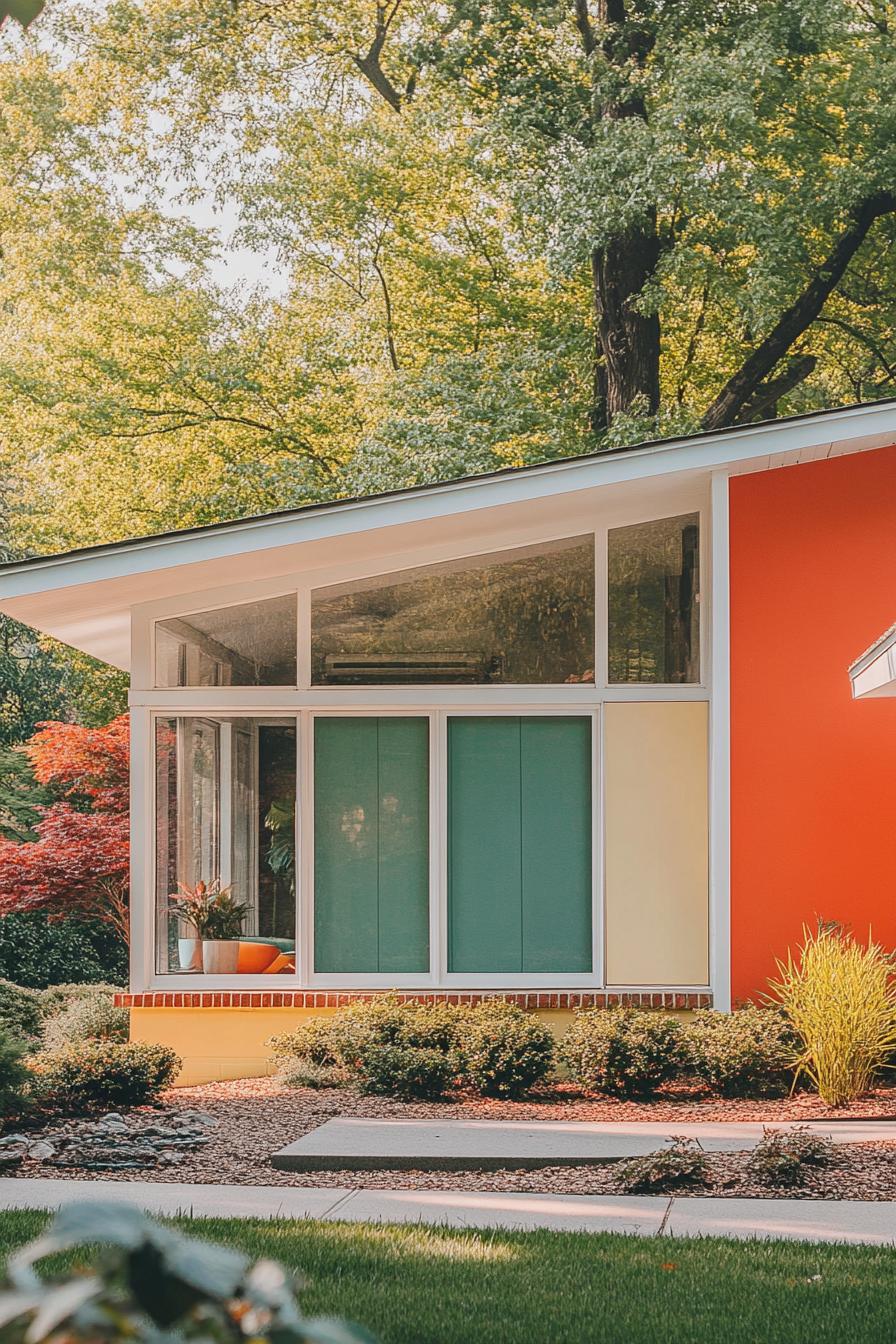 mid century modern house facade in aque and coral colors in white trim 2