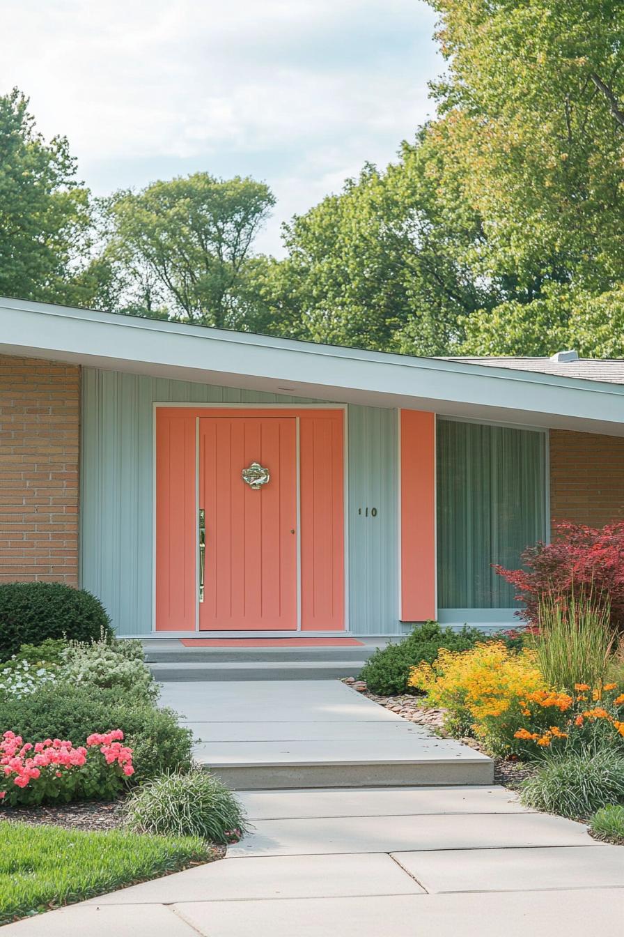 mid century modern house facade in aque and coral colors in white trim 3