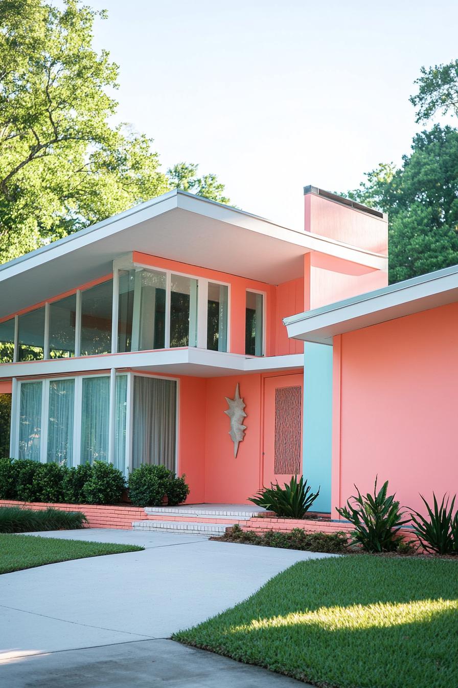 mid century modern house facade in aque and coral colors in white trim