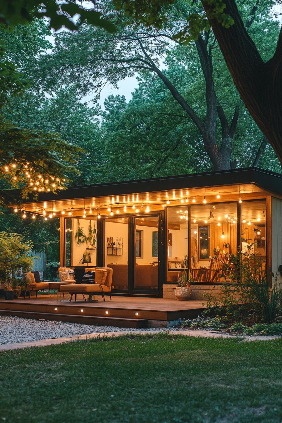 mid century modern house front porch with retro furniture trees with string lights in the yard 1