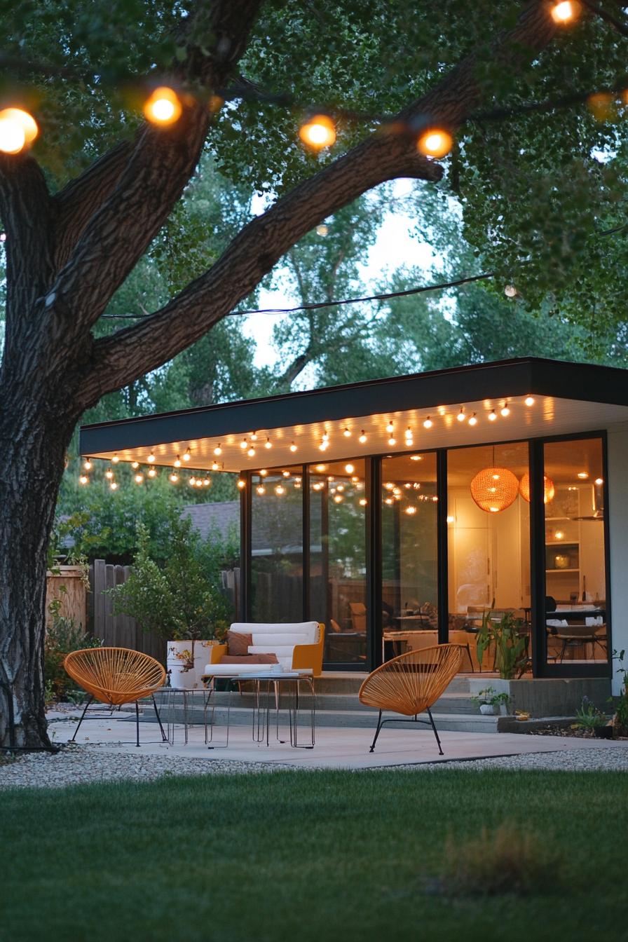 mid century modern house front porch with retro furniture trees with string lights in the yard 2