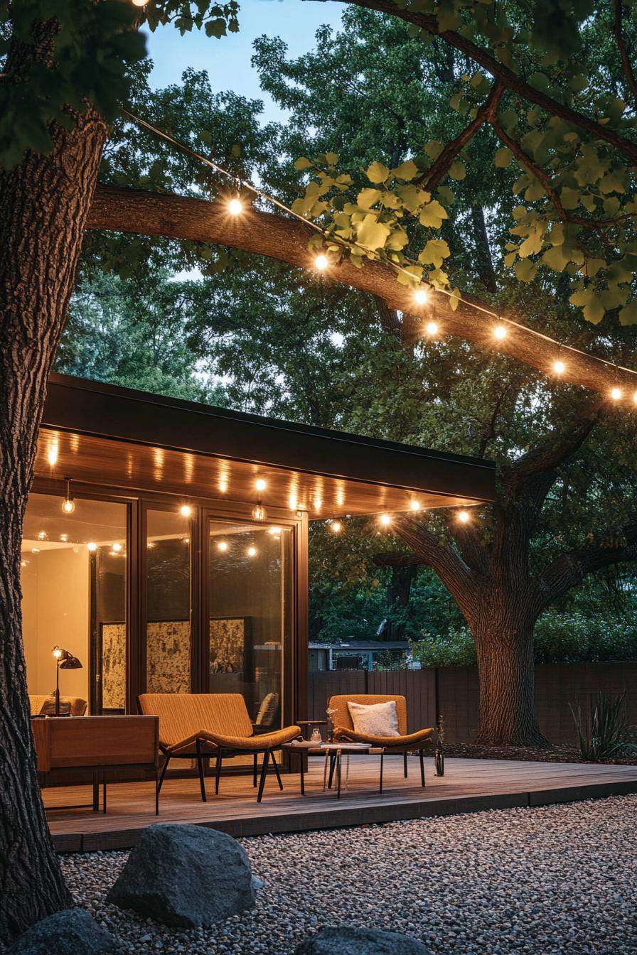 mid century modern house front porch with retro furniture trees with string lights in the yard 3