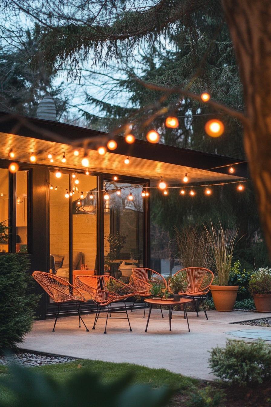 mid century modern house front porch with retro furniture trees with string lights in the yard