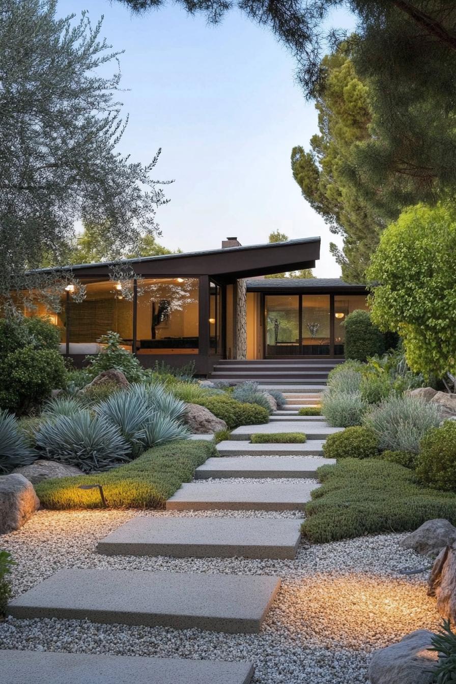 mid century modern house front yard minimalist symmetrical geometric landscaping