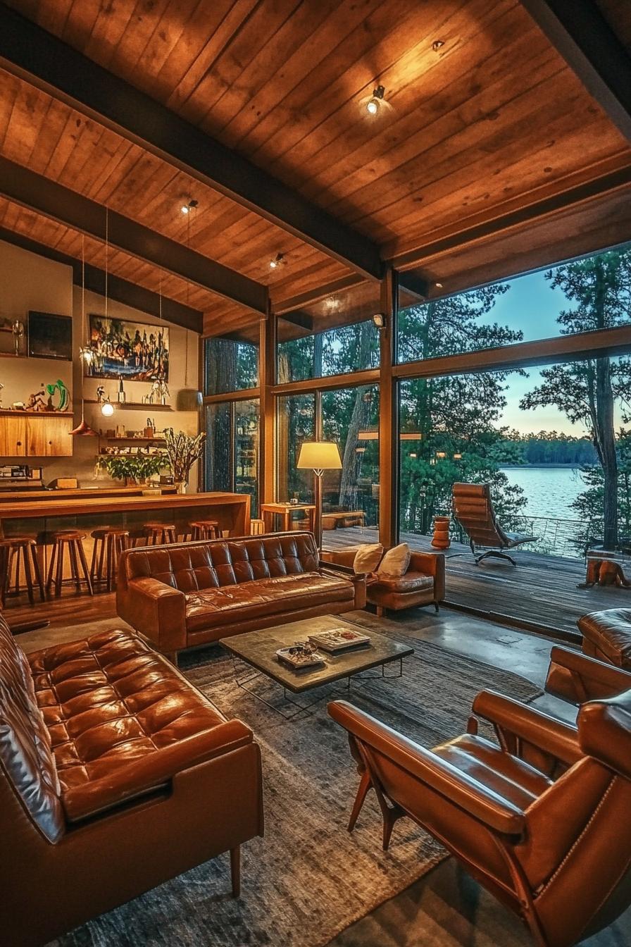 mid century modern lodge with open plan and leather furniture large windows overlooking stunning lake 1