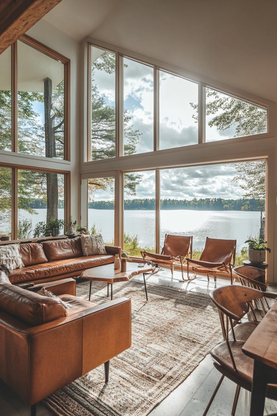 mid century modern lodge with open plan and leather furniture large windows overlooking stunning lake 2