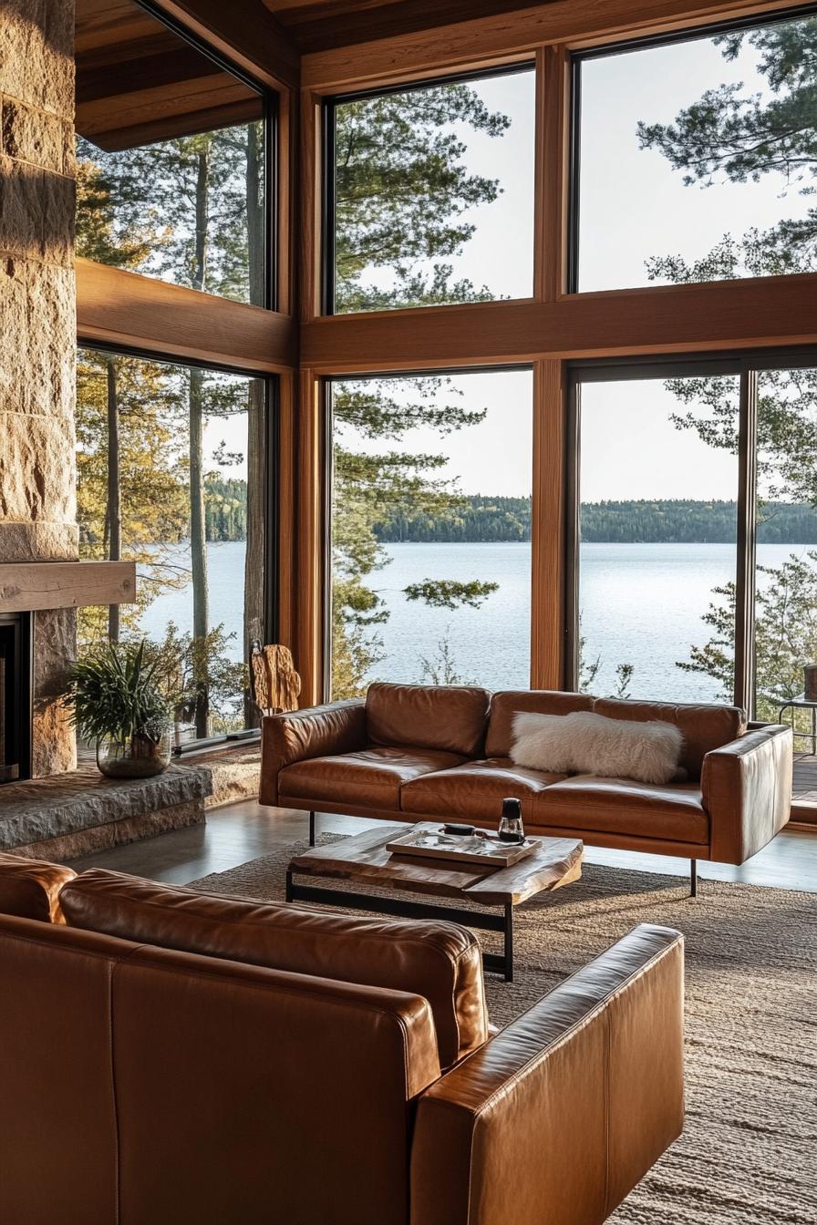 mid century modern lodge with open plan and leather furniture large windows overlooking stunning lake 3