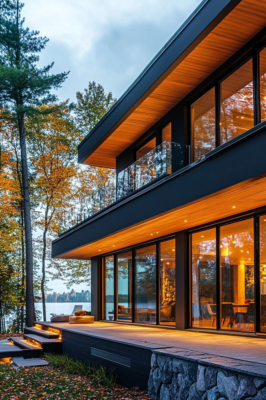 modern 70s style house facade with large floor to ceiling windows lakeside forest view 3