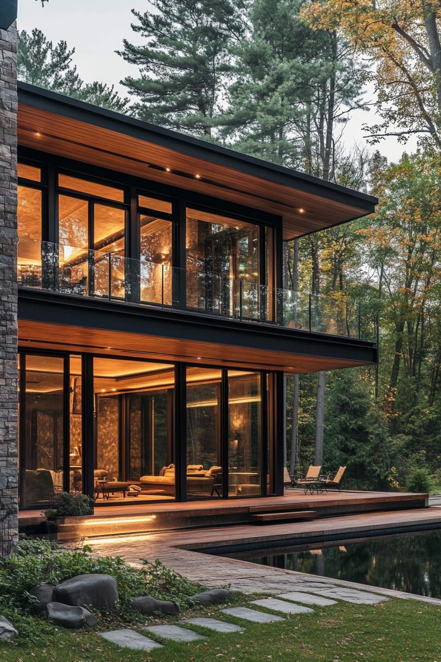 modern 70s style house facade with large floor to ceiling windows lakeside forest view