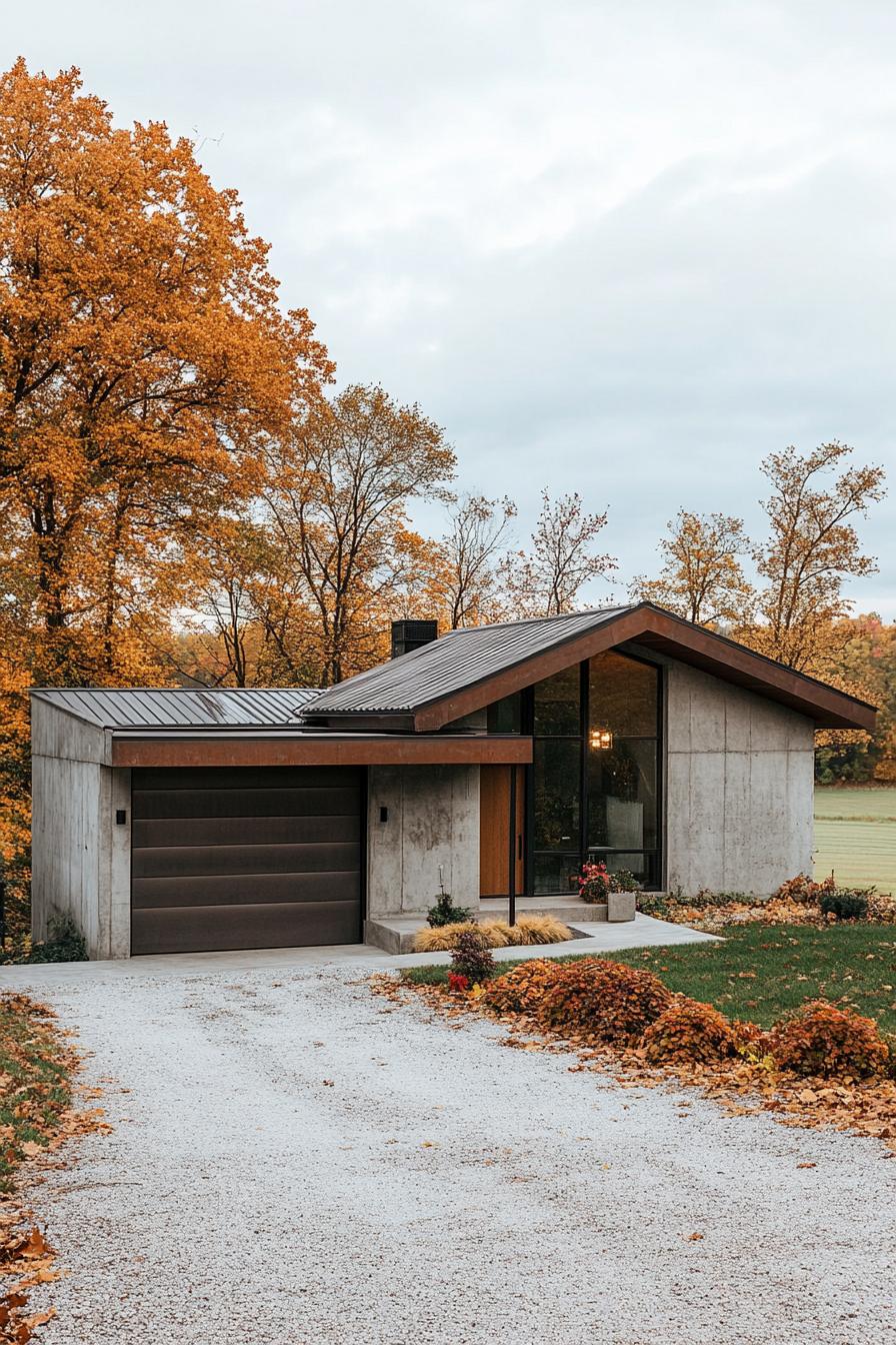 modern 90s house with concrete facade cozy front porch and metal garage door picturesque farmland fields in autumn in the background 2