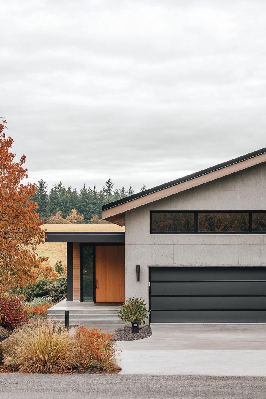 modern 90s house with concrete facade cozy front porch and metal garage door picturesque farmland fields in autumn in the background 3