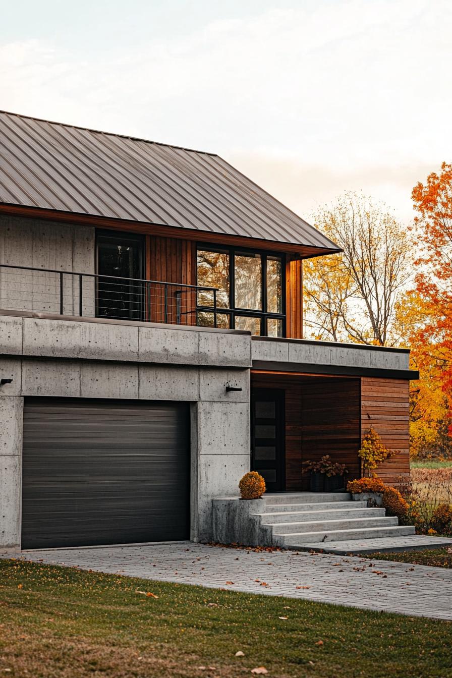 modern 90s house with concrete facade cozy front porch and metal garage door picturesque farmland fields in autumn in the background