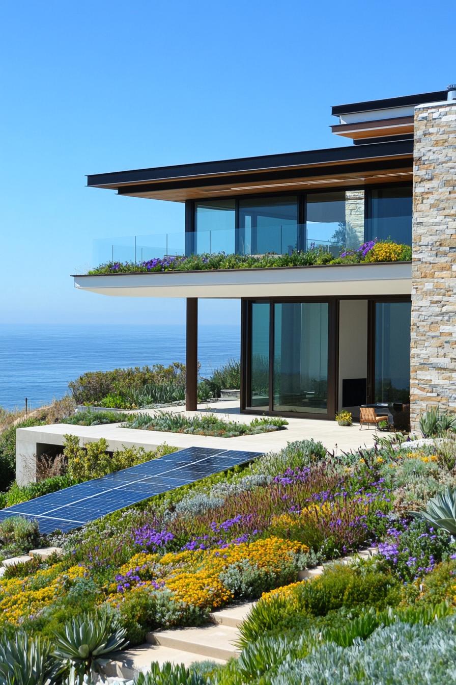 modern California house facade with flat roof live garden and solar panels Malibu beachfront 1