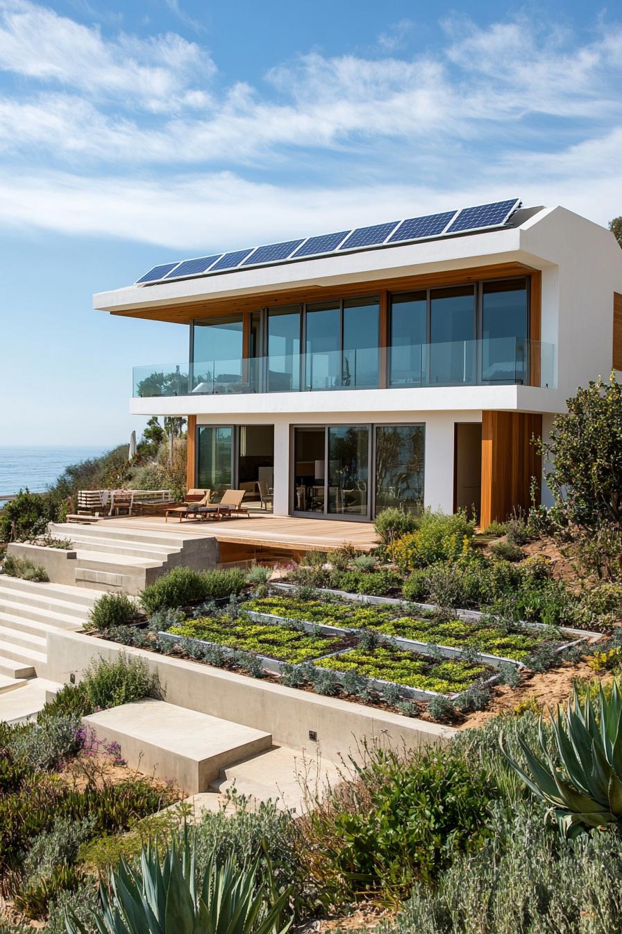 modern California house facade with flat roof live garden and solar panels Malibu beachfront 3