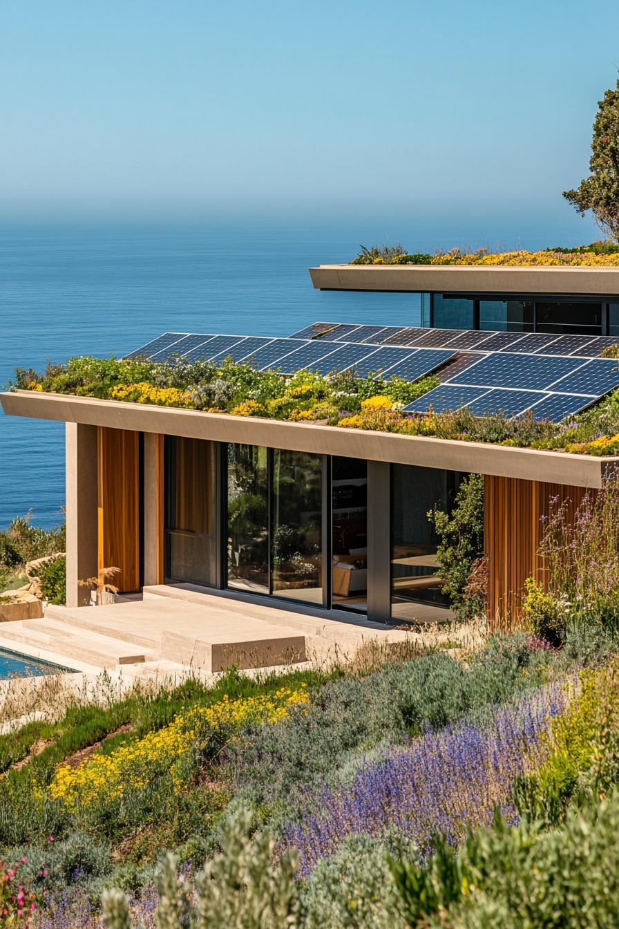 modern California house facade with flat roof live garden and solar panels Malibu beachfront