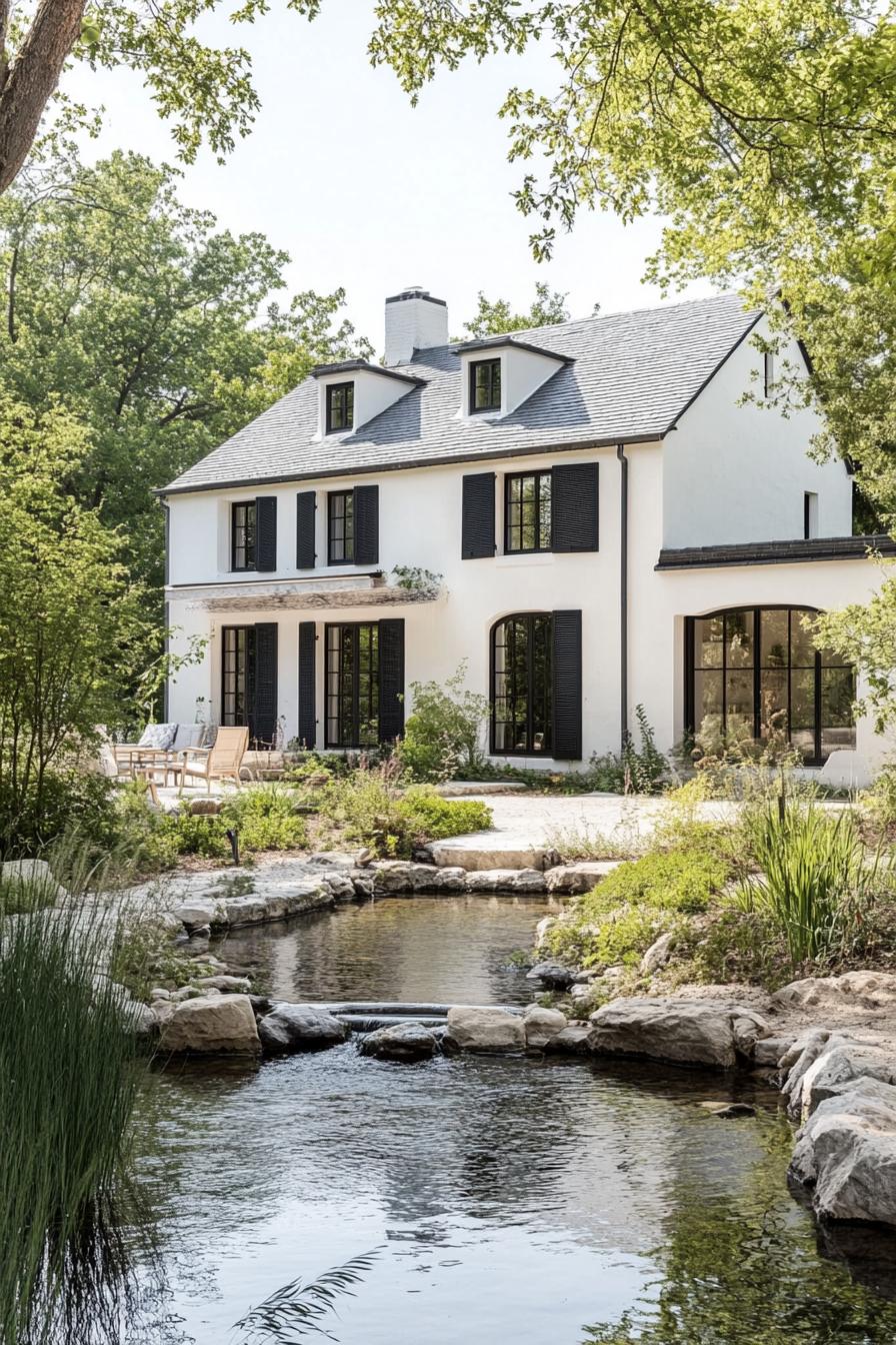 modern French chalet white house facade with black shutters provincal estate with a stream in front yard 1