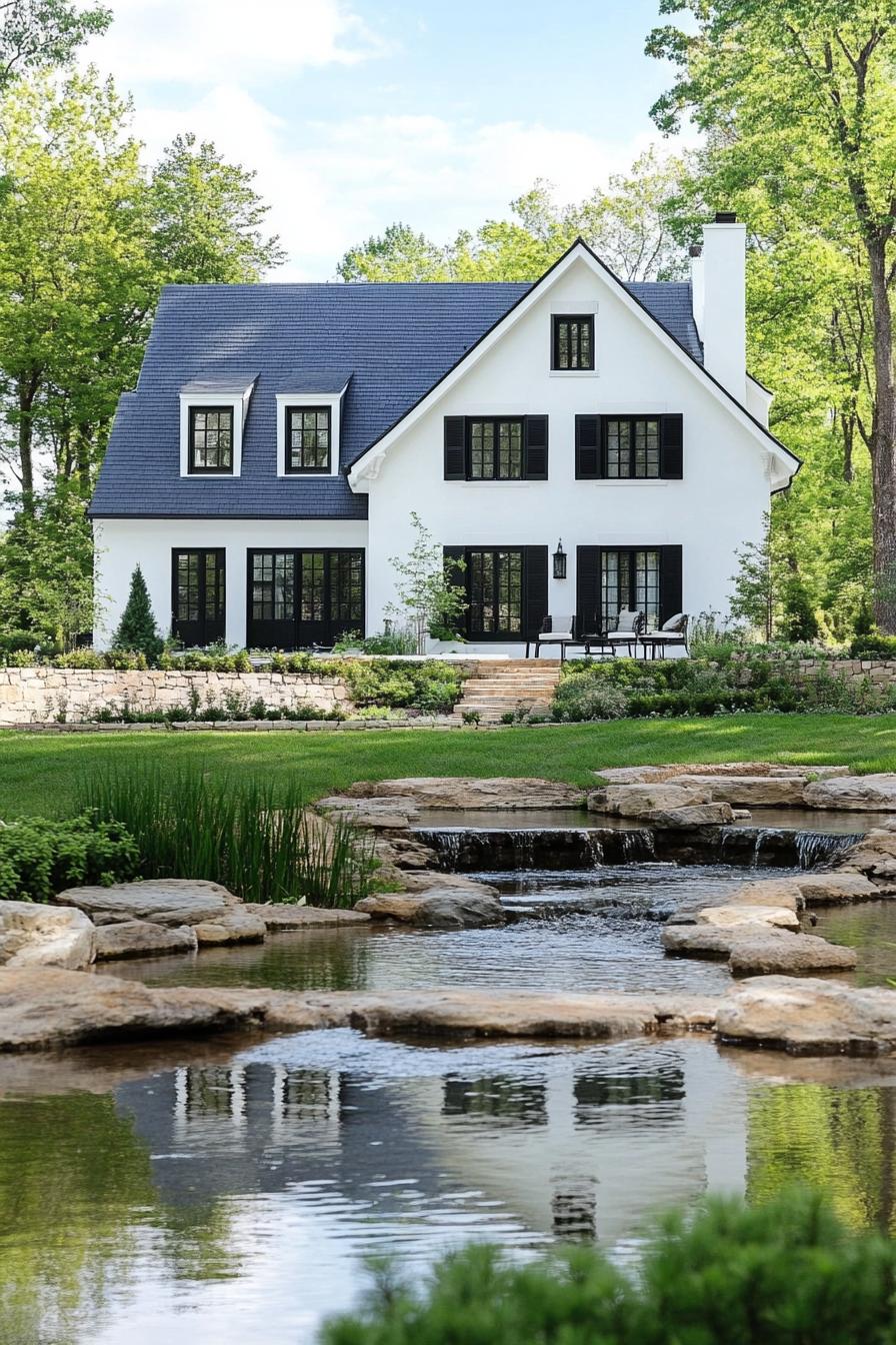 modern French chalet white house facade with black shutters provincal estate with a stream in front yard 2