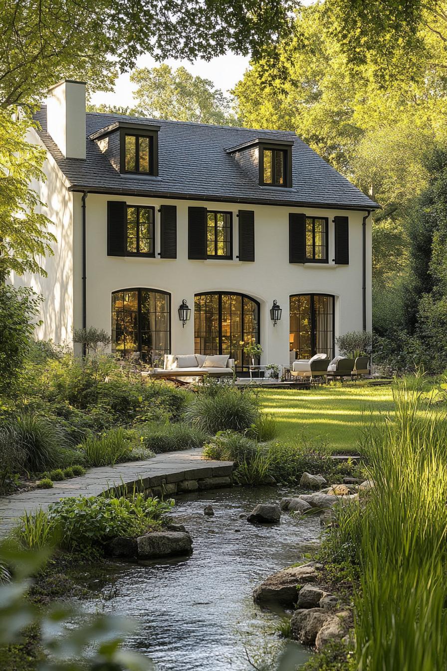 modern French chalet white house facade with black shutters provincal estate with a stream in front yard 3