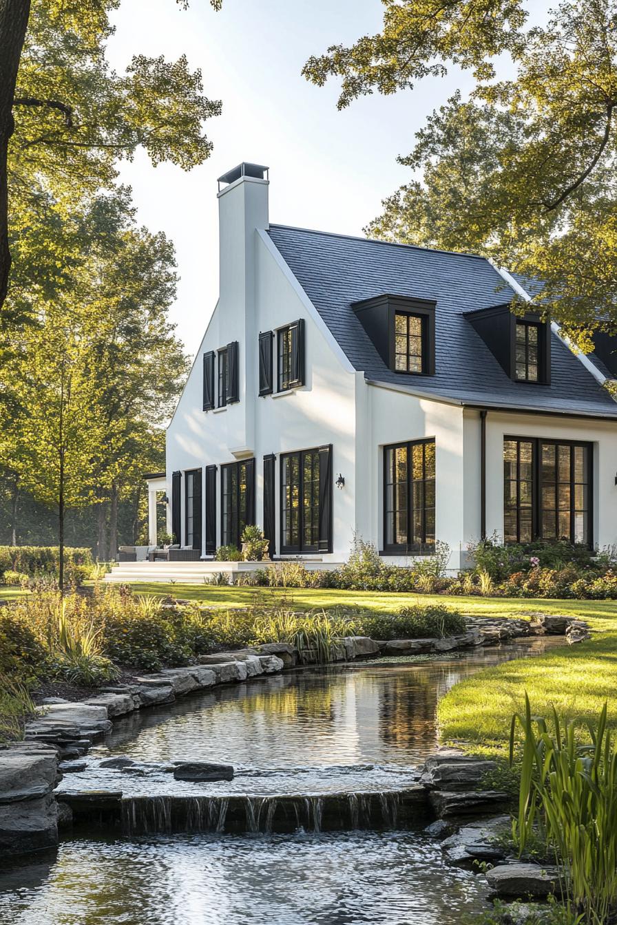 modern French chalet white house facade with black shutters provincal estate with a stream in front yard