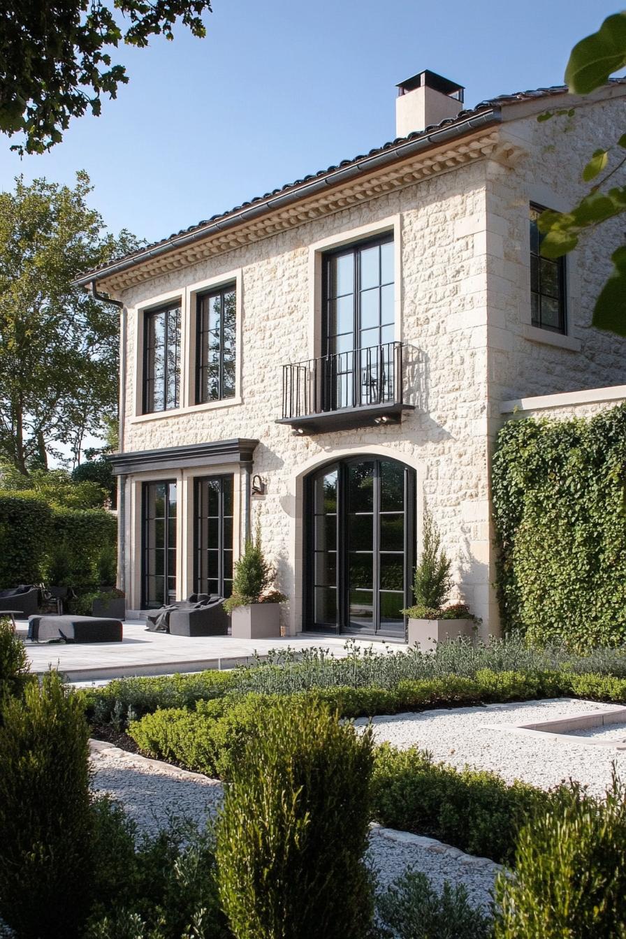 modern French country house natural stone facade with stucco yard with French gardens 1