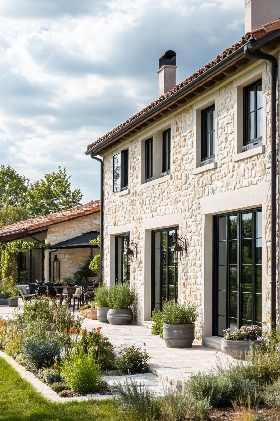 modern French country house natural stone facade with stucco yard with French gardens 2