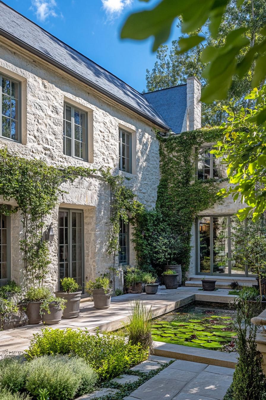 modern French country house natural stone facade with stucco yard with French gardens 3