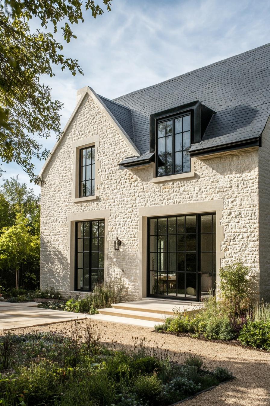 modern French country house natural stone facade with stucco yard with French gardens