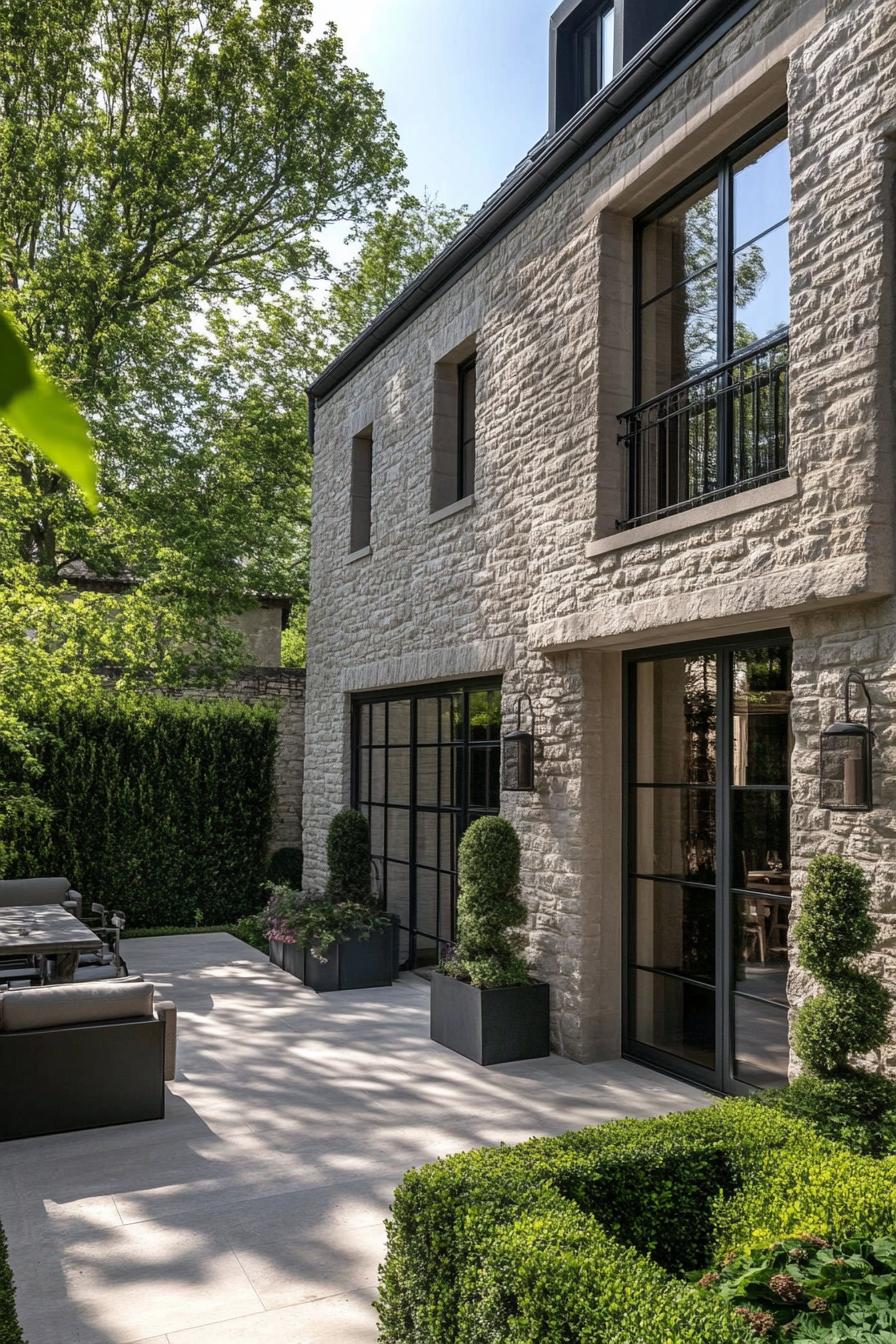 modern French house stone cladding with lush garden walls 1