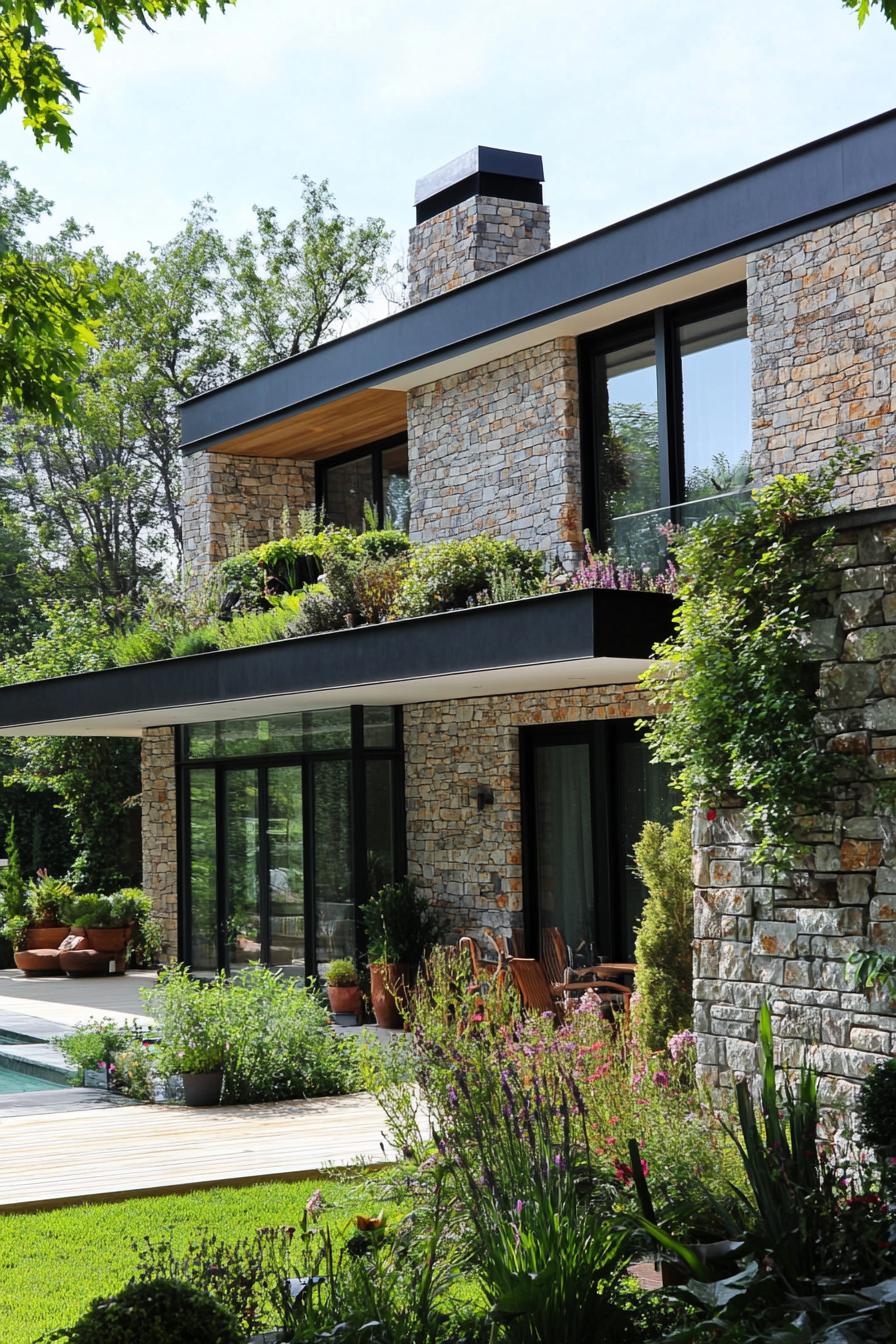 modern French house stone cladding with lush garden walls 2