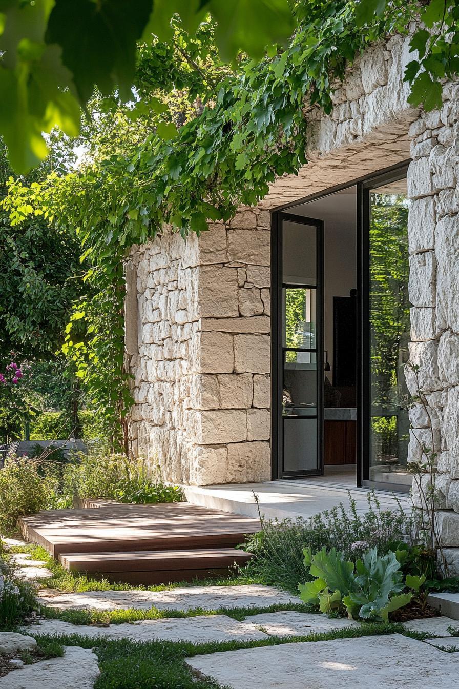 modern French house stone cladding with lush garden walls