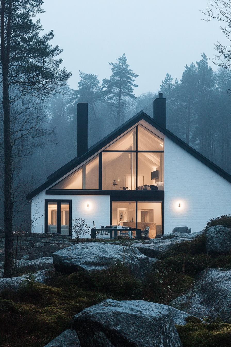 modern Scandinavian white house in stunning misty Norway forest 1