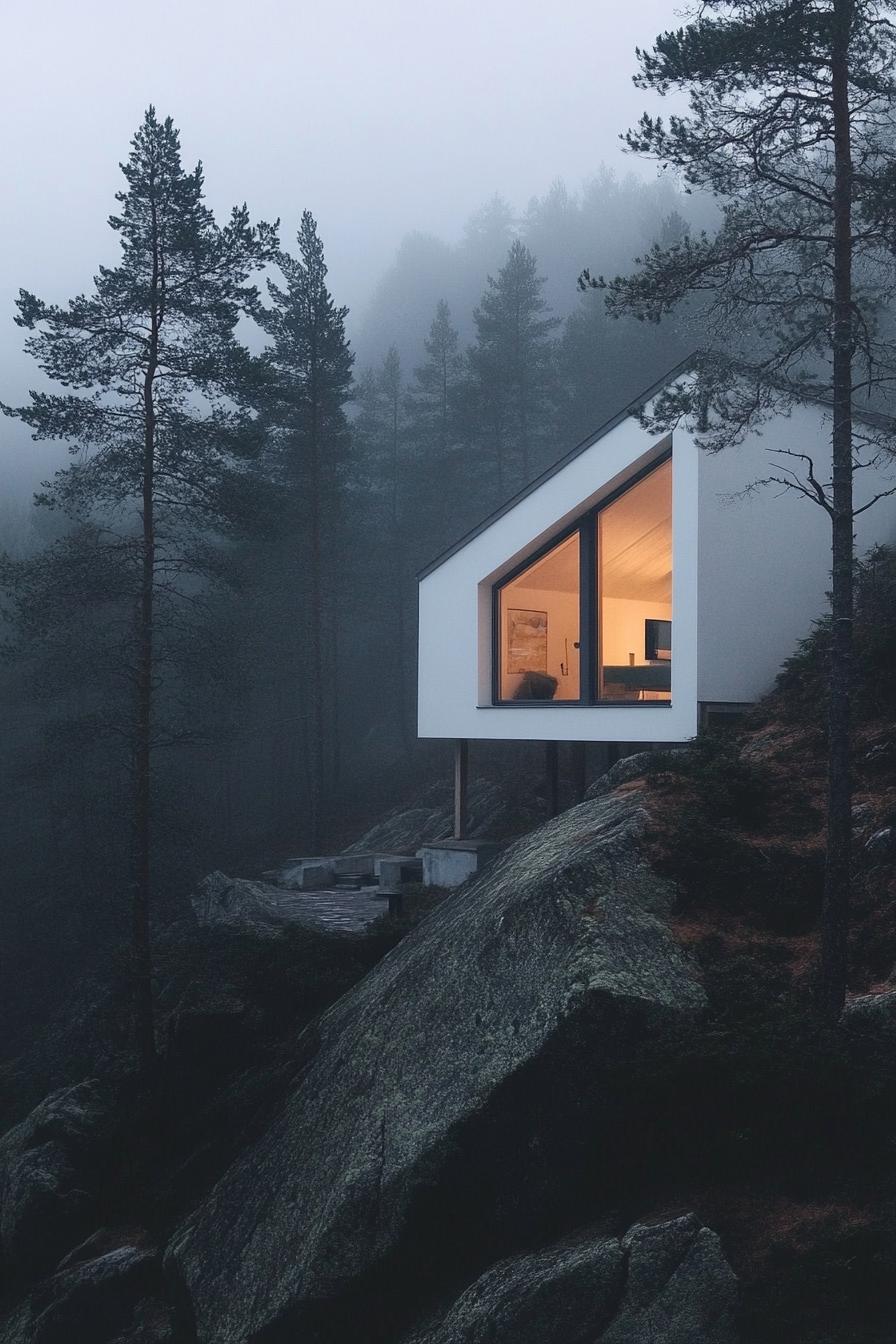 modern Scandinavian white house in stunning misty Norway forest 2