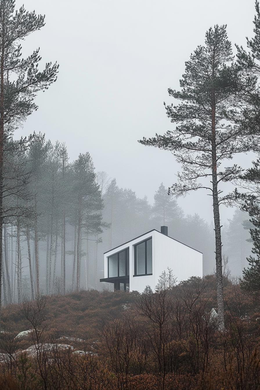 modern Scandinavian white house in stunning misty Norway forest