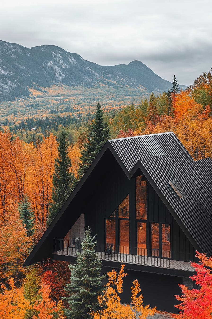 modern a frame mountain house with black metal roofing stunning Canadian fall foliage views 1