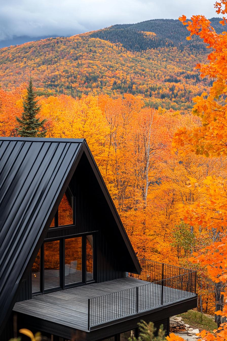 modern a frame mountain house with black metal roofing stunning Canadian fall foliage views 2