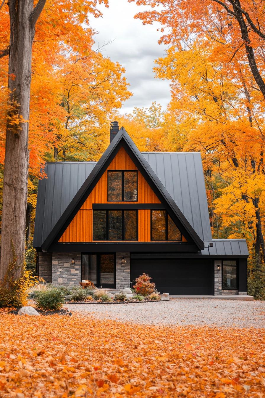 modern a frame mountain house with black metal roofing stunning Canadian fall foliage views 3