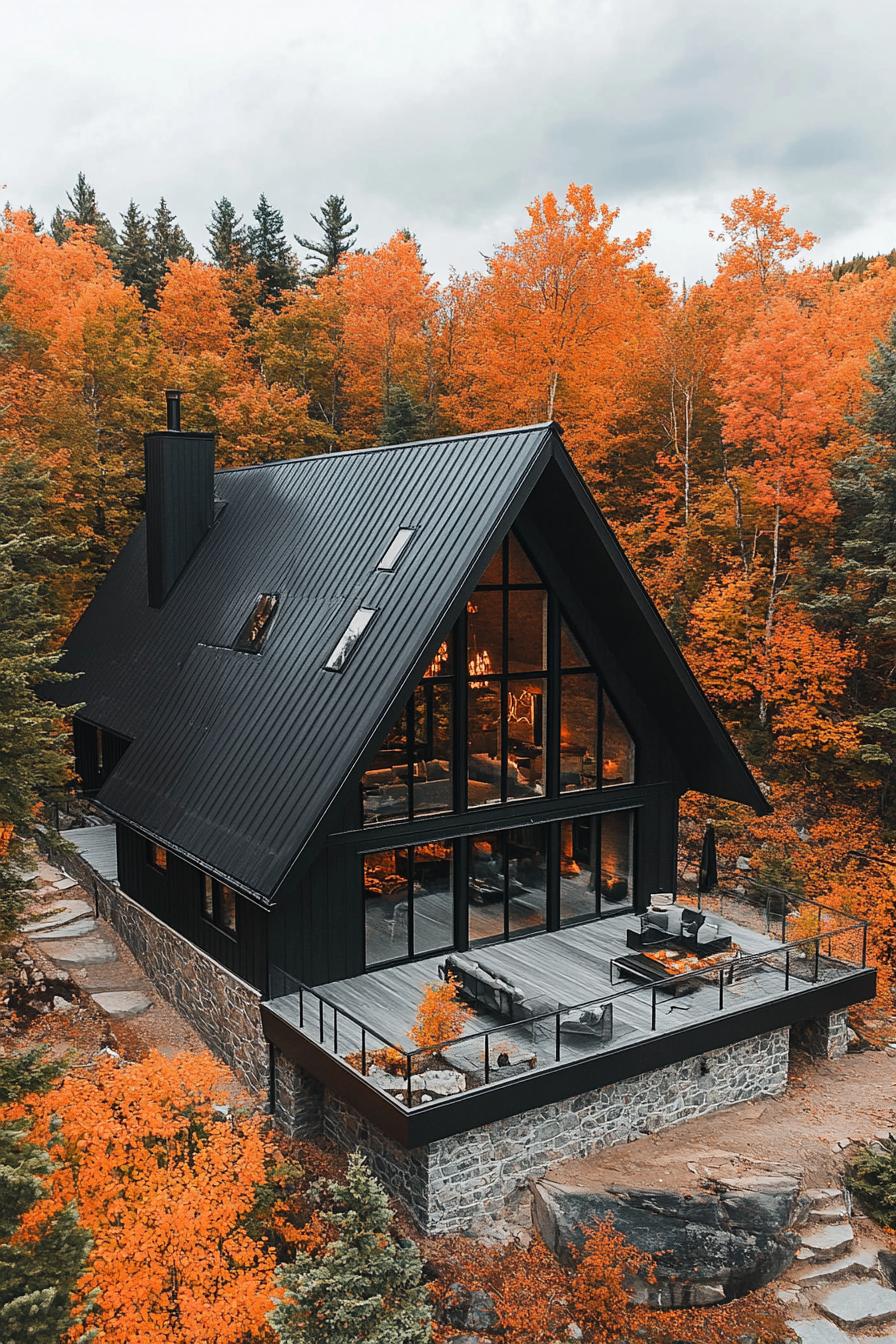 modern a frame mountain house with black metal roofing stunning Canadian fall foliage views