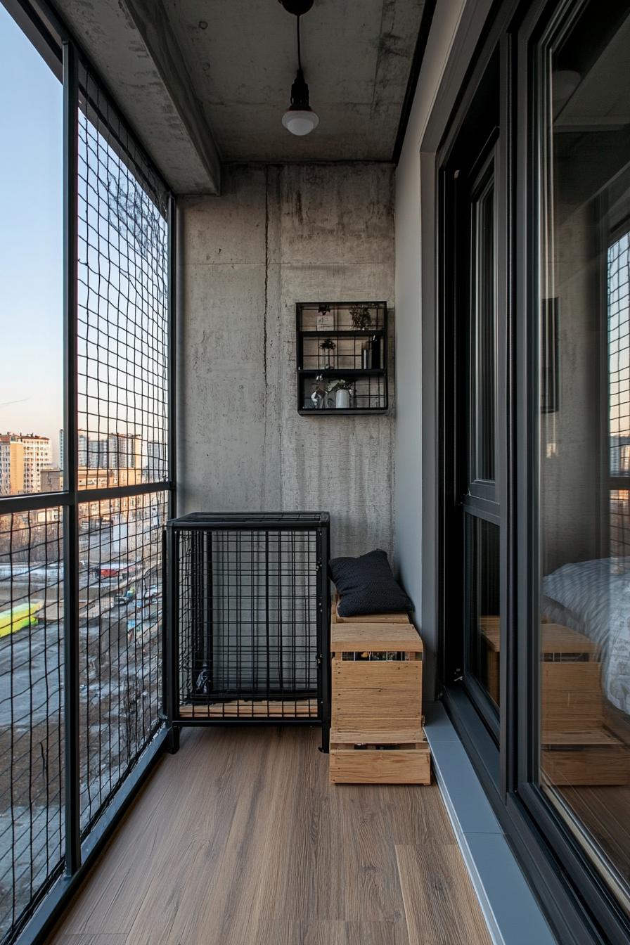 modern apartment small industrial style balcony interior with metal railings