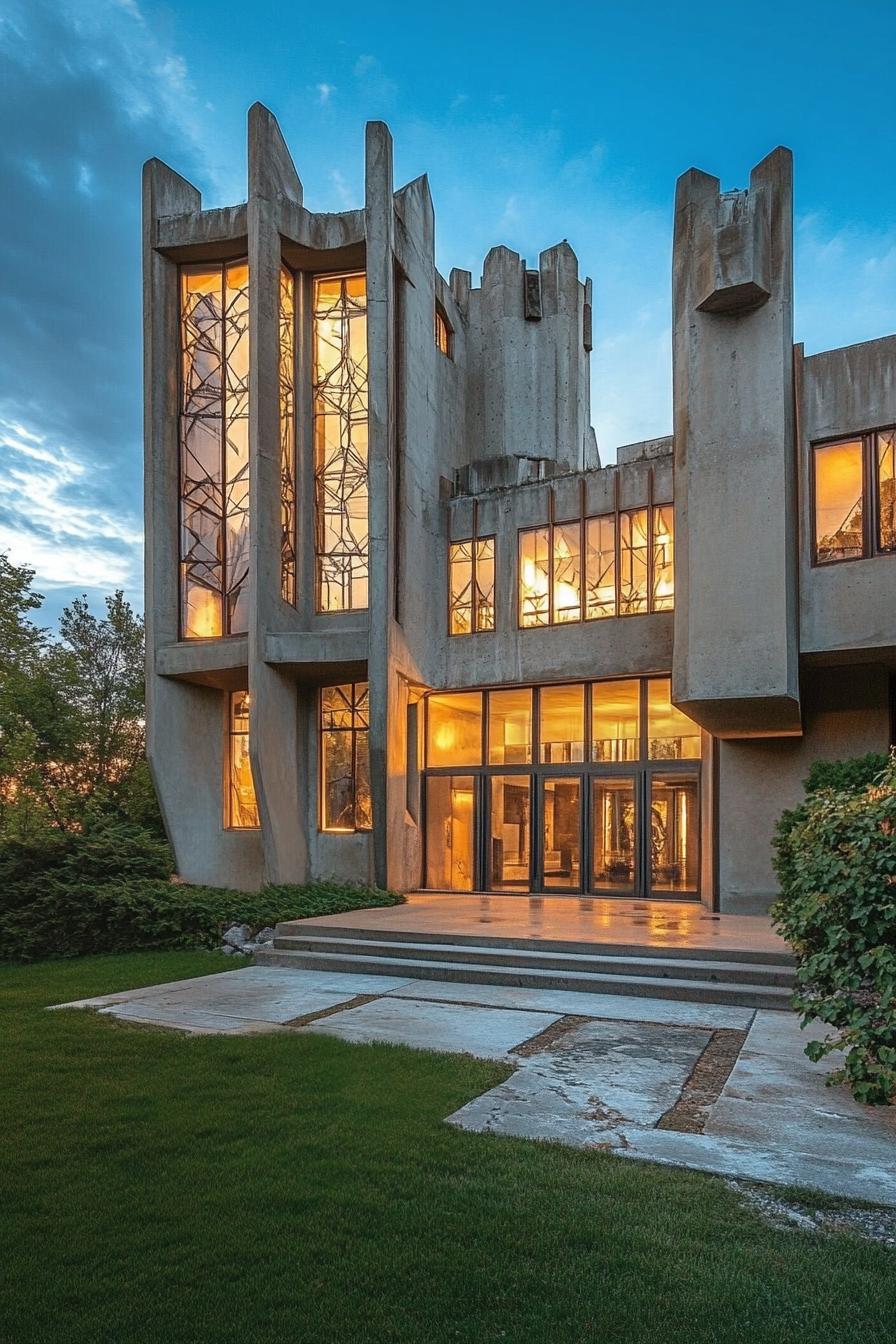 modern architecture castle with concrete geometric towers and large glass windows 1