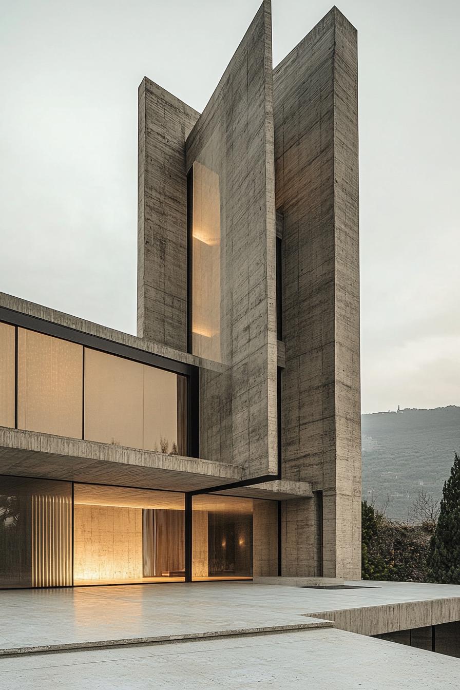 modern architecture castle with concrete geometric towers and large glass windows 2