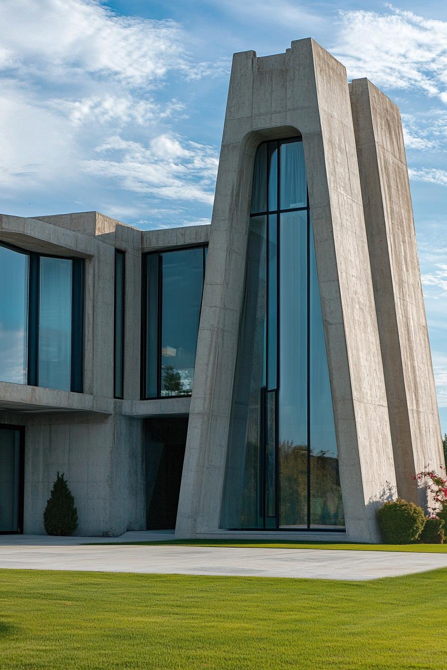 modern architecture castle with concrete geometric towers and large glass windows